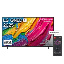 Vue avant de la LG QNED80 TV, logo LG QNED Al, dans le coin supérieur. La LG QNED TV représente des textures colorées semblables à de la peinture, réunies.2