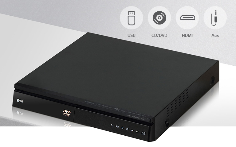 Un lecteur DVD posé sur une table blanche. Les icônes USB, CD, DVD, HDMI, Aux figurent sur le lecteur DVD.
