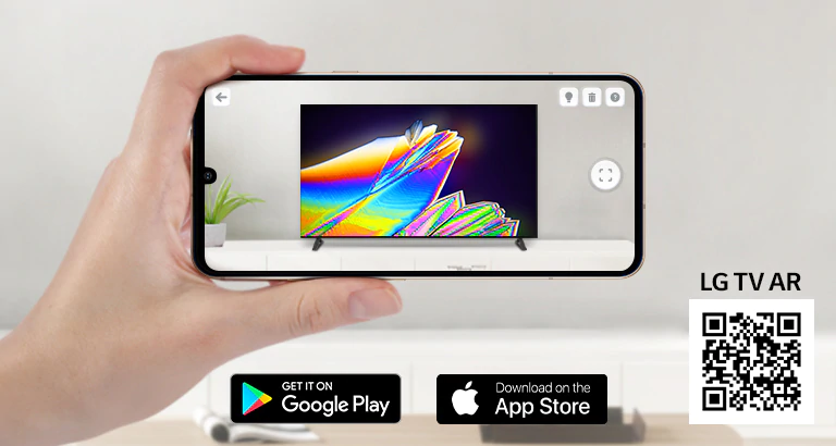 Une personne utilisant l’appli LG TV AR sur un téléphone et un QR code qui dirige vers LG TV AR (http://www.lgtvism.com/lgtvar)