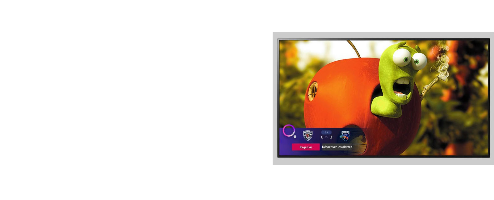 Téléviseur montrant un personnage de dessin animé et une alerte d'événement sportif au bas de l'écran.