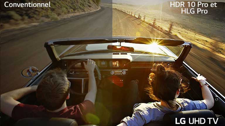 Un couple au volant d’un véhicule roulant sur une route. Une moitié de l’image est affichée sur un écran classique avec une mauvaise qualité d’image. L’autre moitié est affichée sur le téléviseur UHD LG avec une qualité d’image nette et vive.