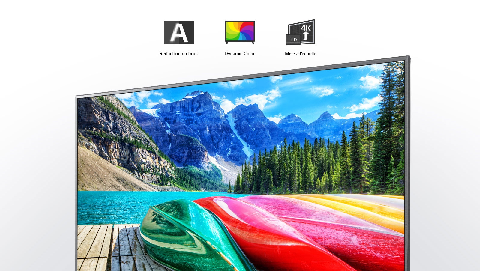 Icones des fonctions Réduction du bruit, Dynamic color et Mise à l’échelle, et écran de télévision présentant une vue panoramique des montagnes, de la forêt et d’un lac.