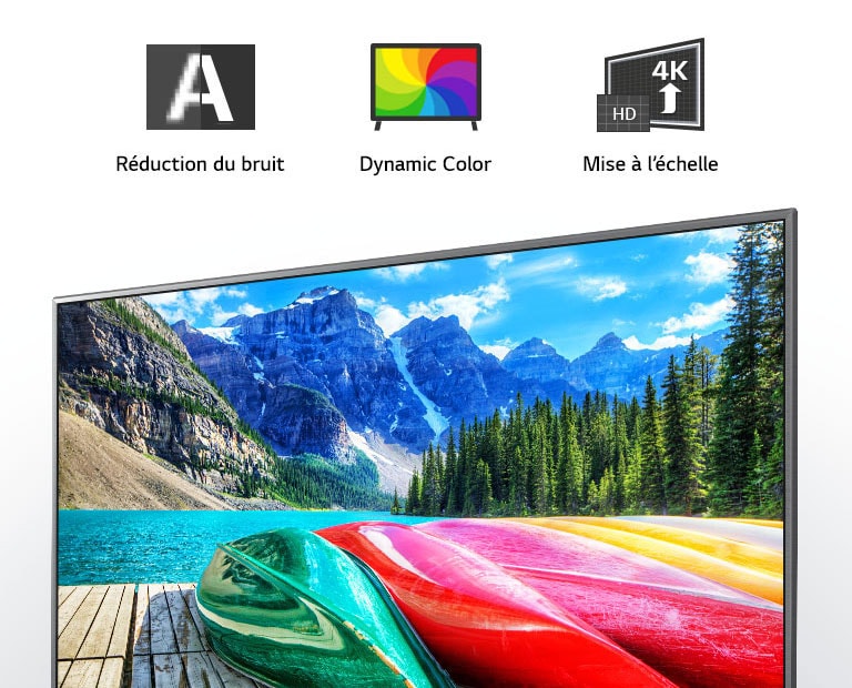 Icones des fonctions Réduction du bruit, Dynamic color et Mise à l’échelle, et écran de télévision présentant une vue panoramique des montagnes, de la forêt et d’un lac.