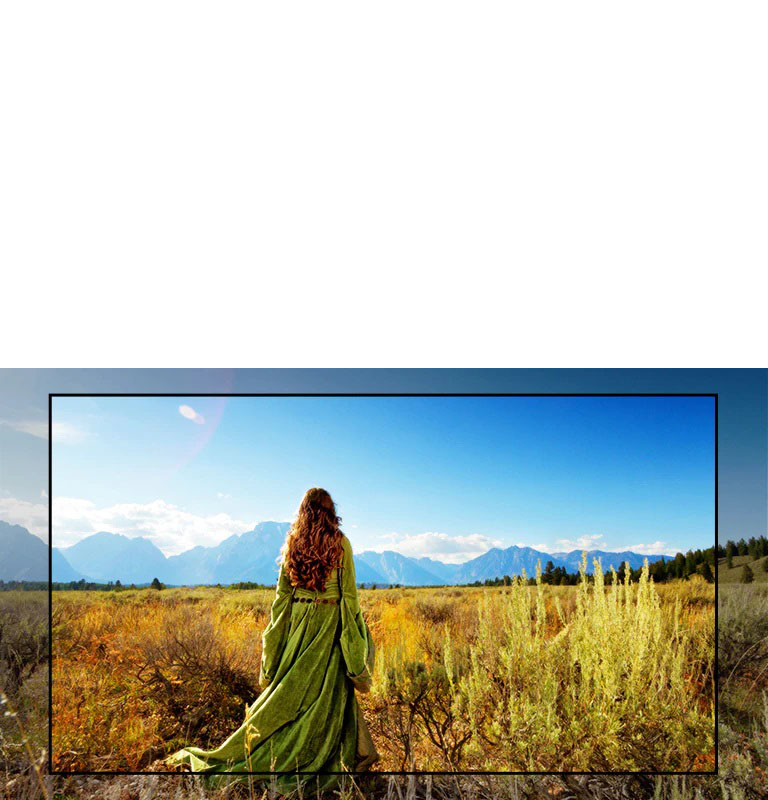 Un écran du téléviseur montrant une scène d’un film fantastique présentant une femme debout dans les champs face aux montagnes.
