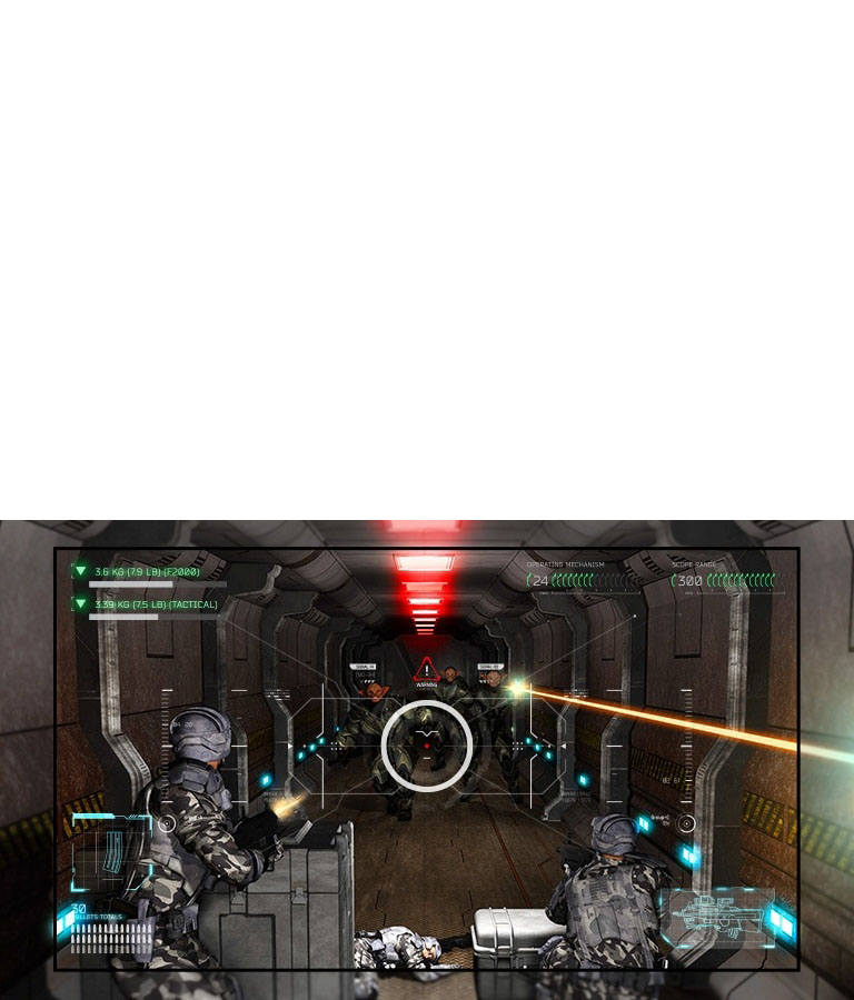 Téléviseur montrant une scène d’un jeu de tir où le joueur reçoit des armes supplémentaires des aliens.