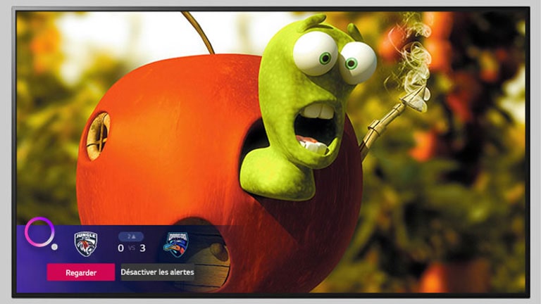 Téléviseur montrant un personnage de dessin animé et une alerte d’événement sportif au bas de l’écran.