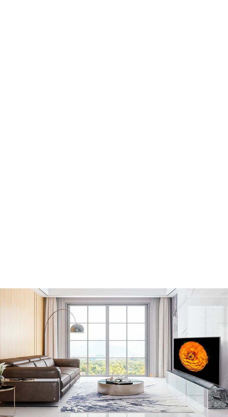 Téléviseur UHD LG placé sur le mur d’un salon présentant une décoration intérieure minimaliste. Écran de téléviseur montrant une image de fleur.