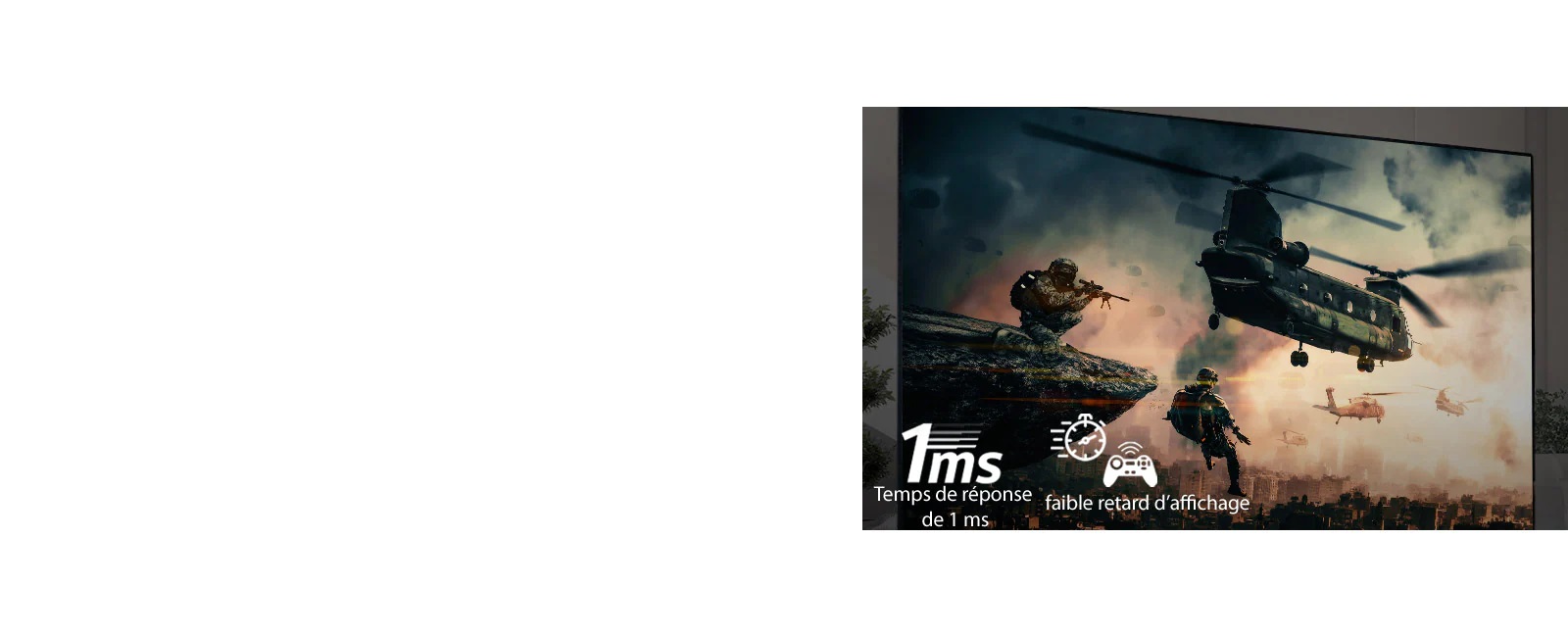 Une scène de jeu, la moitié diffusée sur un téléviseur LG LCD/LED avec une mauvaise qualité d’image, et l’autre moitié diffusée sur un téléviseur LG OLED avec une qualité d’image nette et éclatante