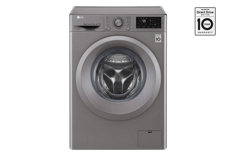 LG Lave-linge à chargement frontal (lavage uniquement), Capacité de charge : 7 kg, Argent, Moteur Inverter Direct Drive, 6 Mouvements associés DD, Diagnostic intelligent, F4J5QNP7S