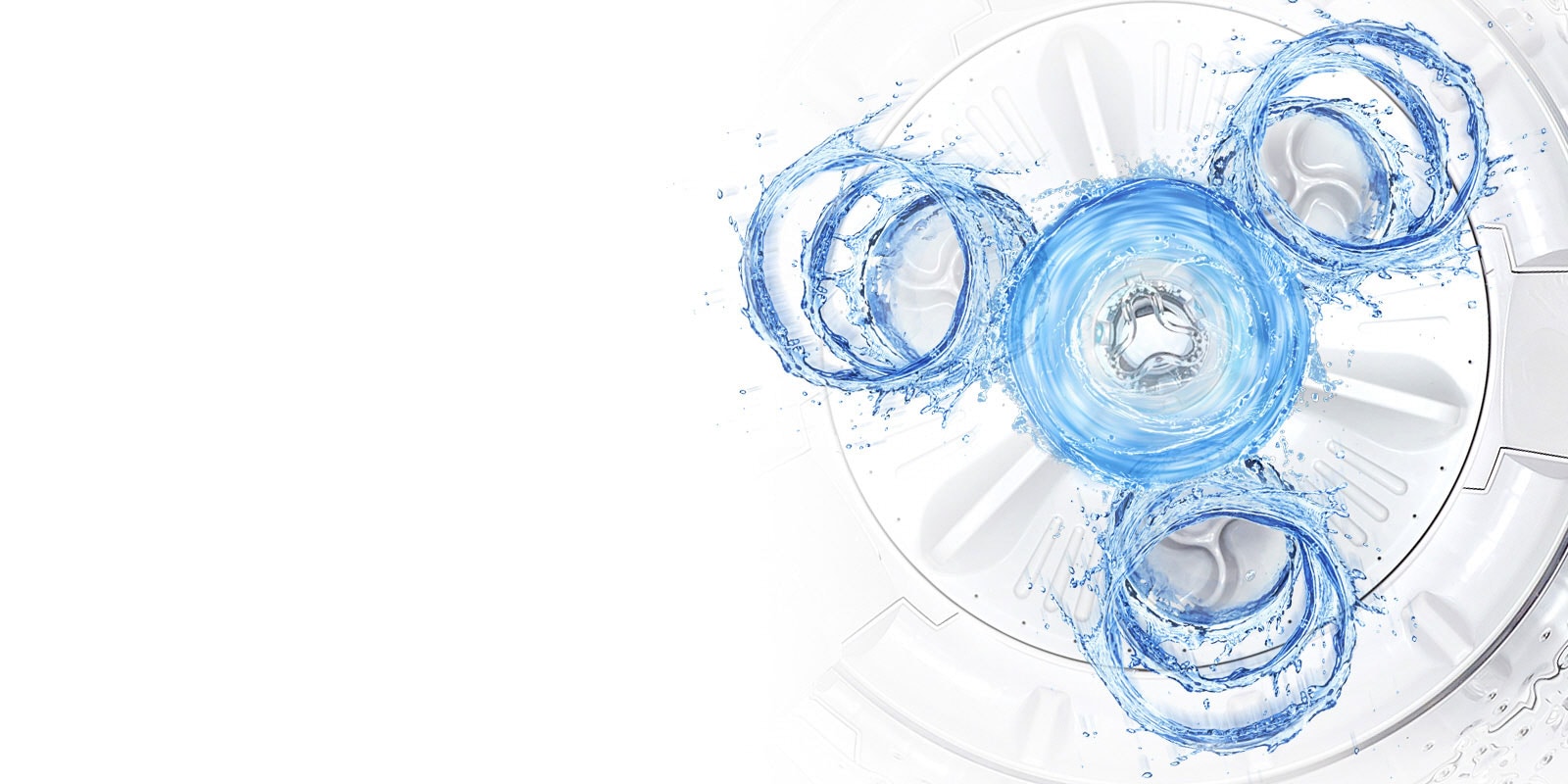 Une vue plongeante à l'intérieur du lave-linge montre où se trouvent les trois brasseurs d’eau. L'eau bleue montre comment le système produit trois courants d'eau verticaux.