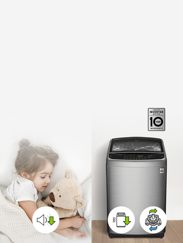 Dans une image à gauche, un enfant dort avec un ours en peluche sur un lit et une icône de volume avec une flèche vers le bas est présente pour indiquer que le lieu est silencieux. L'avant du lave-linge à chargement par le haut est affiché à droite avec trois icônes en dessous. La première icône est un lave-linge avec des lignes ondulées pour illustrer les vibrations et une flèche pointant vers le bas. La deuxième icône est un moteur avec une flèche verte au-dessus pointant vers la droite et une flèche bleue en dessous pointant vers la gauche pour montrer la rotation. La troisième icône est l'image de la garantie de 10 ans du moteur LG Smart Inverter.
