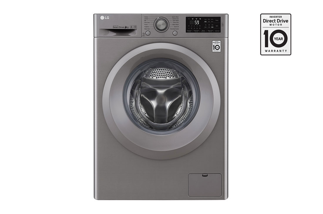 LG Lave-linge à chargement frontal (lavage uniquement), Capacité de charge : 8 kg, Argent, Moteur Inverter Direct Drive, 6 Mouvements associés DD, Diagnostic intelligent, F2J5TNP7S