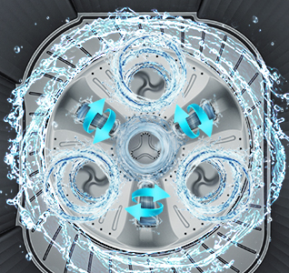 Vue intérieure d’un tambour de machine à laver avec un débit d’eau et des rouleaux rotatifs illustrés pour aider à améliorer les résultats de lavage.