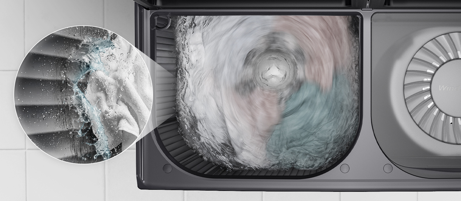 Vue en coupe d’une cuve de machine à laver avec des parois intérieures texturées et des vêtements tourbillonnants, mettant en valeur une puissance de lavage supplémentaire.