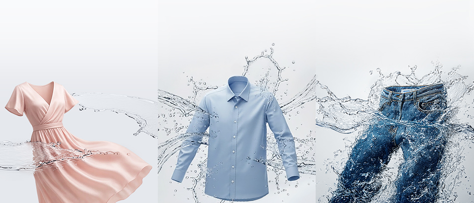 Graphique montrant trois cycles de lavage pour différents tissus, avec une robe, une chemise et un jean illustrés dans un courant d’eau.