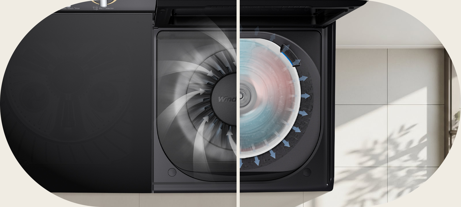 Vue divisée d’une cuve de machine à laver montrant le flux d’air Wind Jet Dry pendant la rotation à grande vitesse pour aider à éliminer l’eau et réduire la durée de séchage.