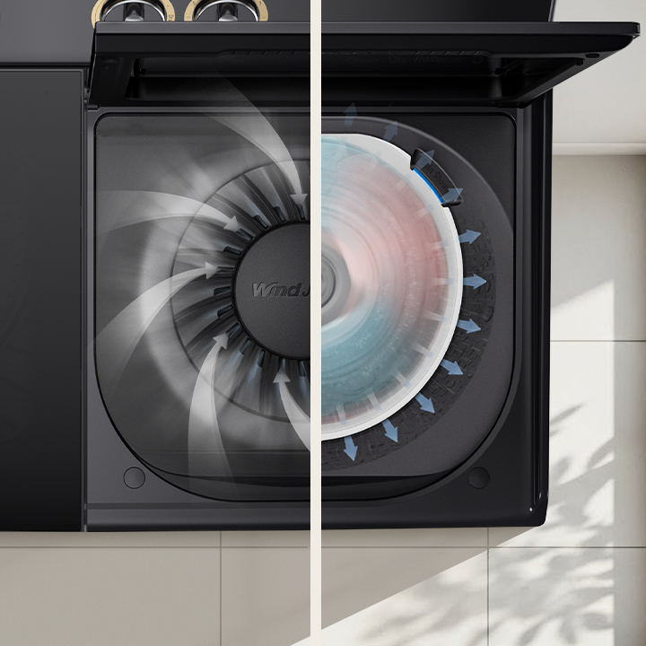 Vue divisée d’une cuve de machine à laver montrant le flux d’air Wind Jet Dry pendant la rotation à grande vitesse pour aider à éliminer l’eau et réduire la durée de séchage.