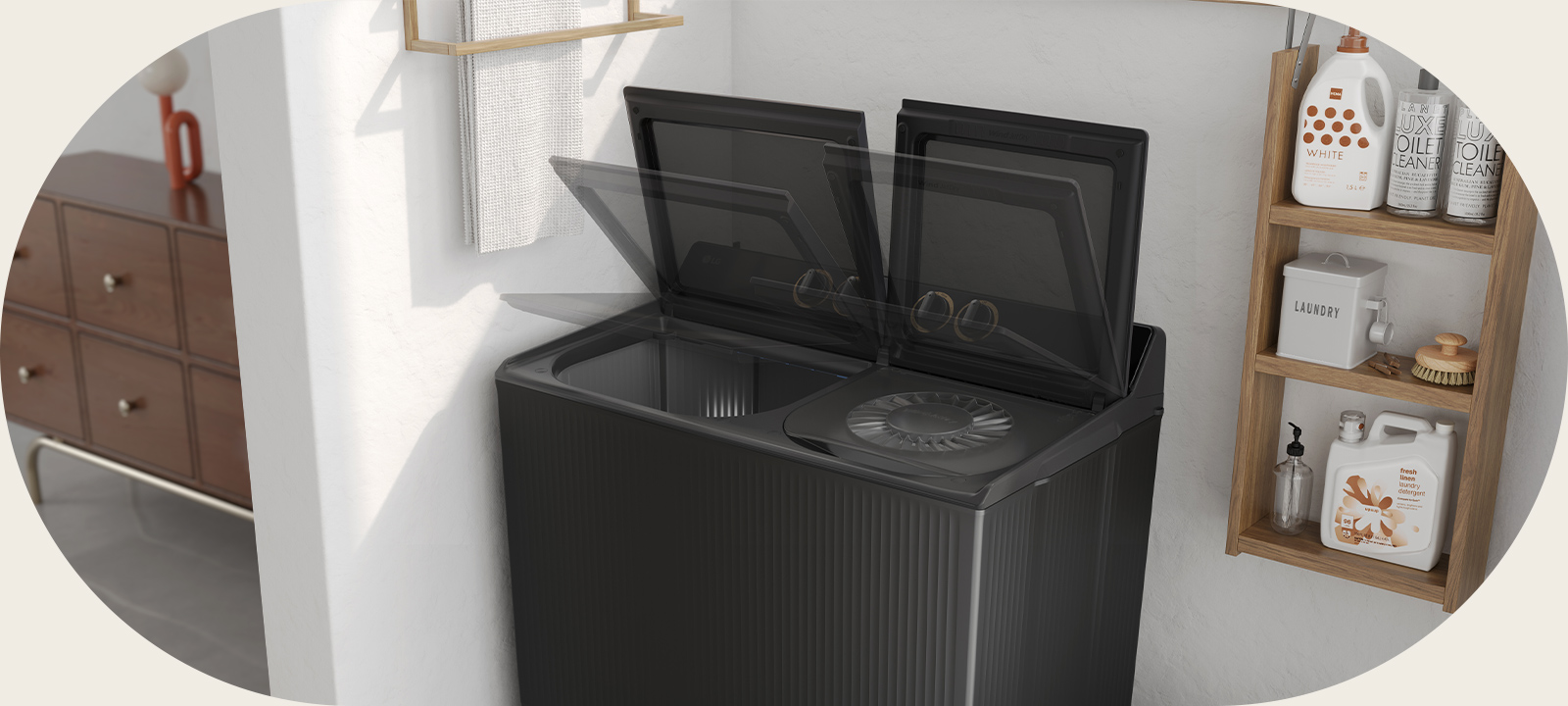 Machine à laver à chargement par le haut avec couvercle à fermeture douce présenté par étapes, illustrant une charnière silencieuse qui réduit le bruit et le risque de pincement des doigts.