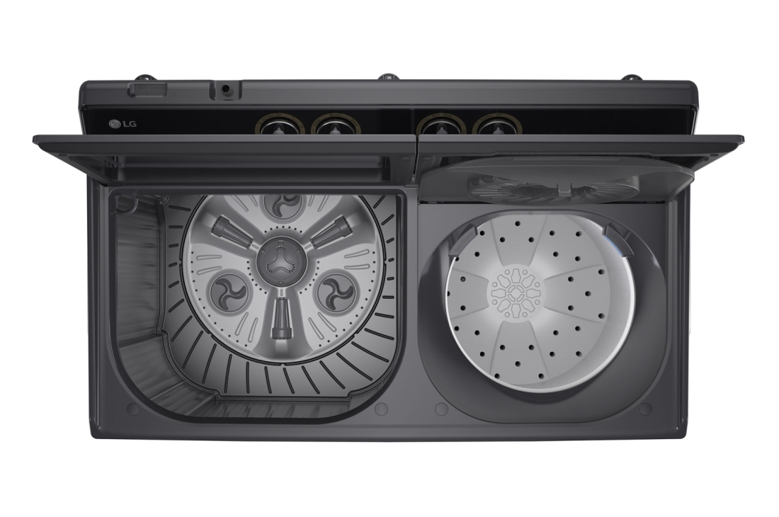 LG Une machine à laver double cuve de 8KG et une de 11KG , Scène moderne de la buanderie avec une machine à laver à double cuve mettant en valeur un design plat et un encombrement compact., P800R3AGNC, thumbnail 10