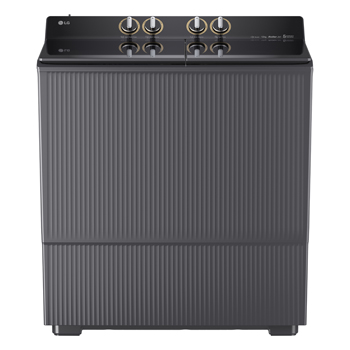 Front view of a twin tub washer with flat design and top control knobs on a clean white background.1