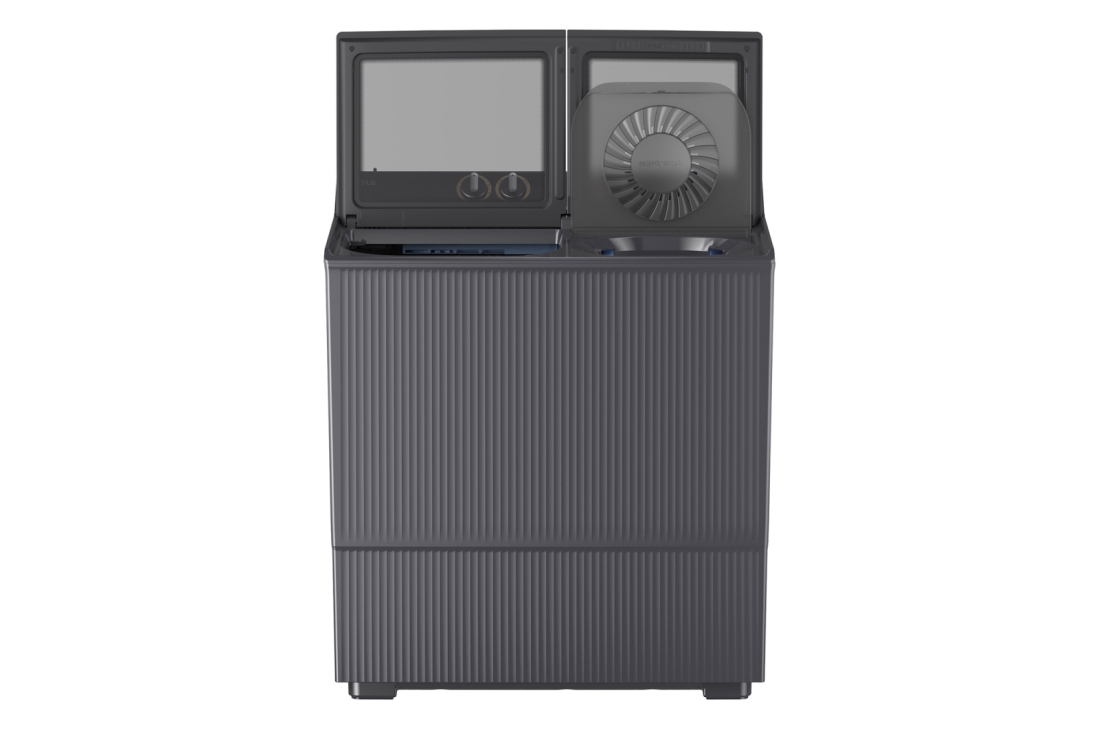LG Une machine à laver double cuve de 8KG et une de 11KG , Vue avant d’une machine à laver double cuve montrant un design extérieur plat moderne et un panneau de commande avec trois boutons de sélecteur., P110R3AGNC, thumbnail 2