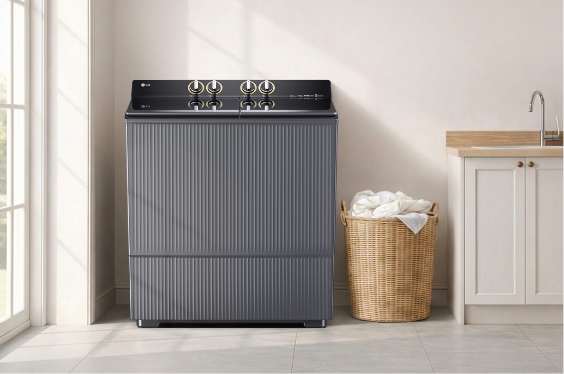 LG Une machine à laver double cuve de 8KG et une de 11KG , Détail intérieur de la cuve de lavage et de la cuve à essorer montrant la structure à double compartiment de la machine à laver à deux cuves., P110R3AGNC, thumbnail 15