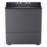 Front view of a twin tub washer with flat design and top control knobs on a clean white background.2
