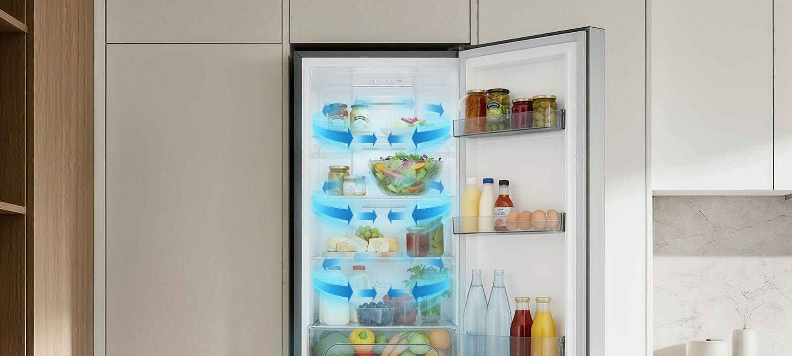 Réfrigérateur congélateur inférieur LG m226mpybam avec Multi air flow pour un refroidissement uniforme et une distribution optimale de la température.