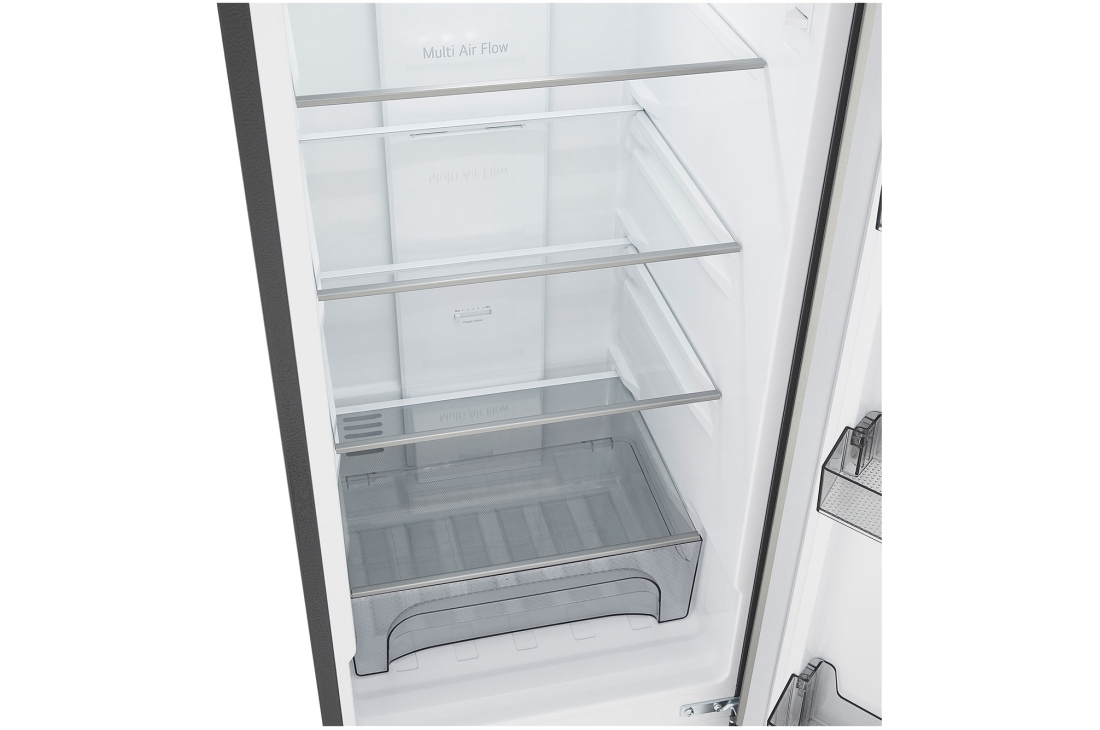 LG Réfrigérateur congélateur inférieur 221L Prime Argent, Réfrigérateur congélateur inférieur LG m226mpybam avec clayettes en verre transparent et grand bac à légumes., GCFB276PQCF, thumbnail 11