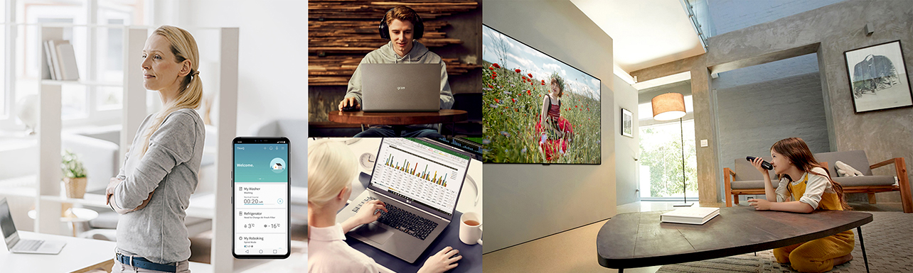 Plusieurs images montrent des gens utilisant des appareils intelligents LG qui les aident à télé-travailler