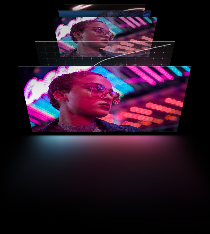 A dull closeup of a woman wearing sunglasses with neon lights reflecting on her. A curve is depicted over the top of the image, and HDR tone correction is performed to become bolder and brighter.