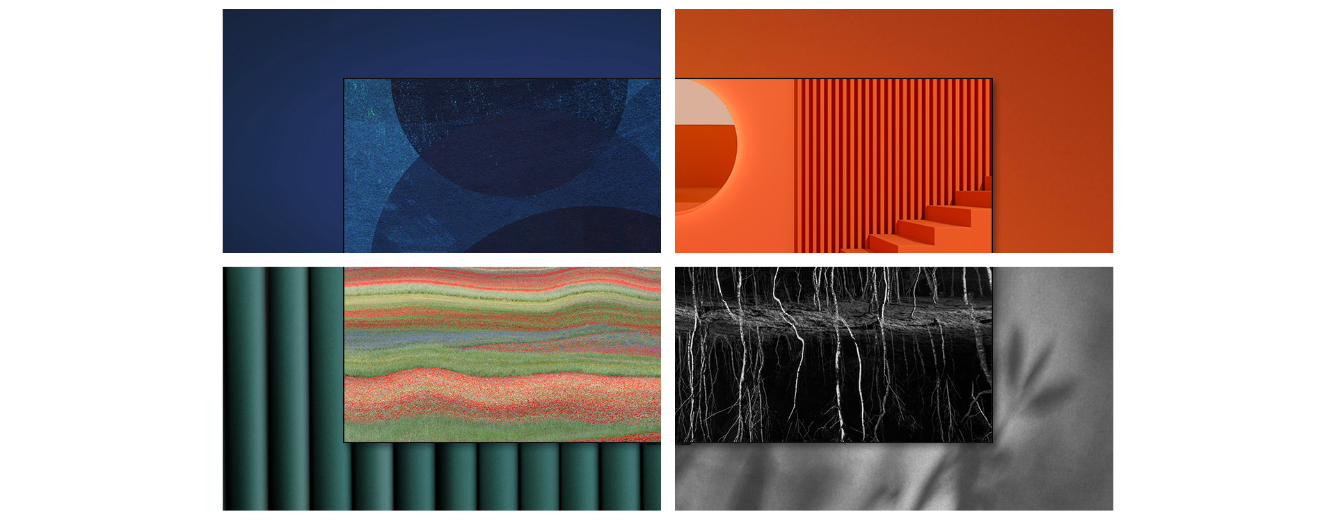 Une œuvre d’art est présentée sur le téléviseur LG OLED, puis divisée en plusieurs parties, chacune montrant une œuvre différente sur un mur de couleur différente