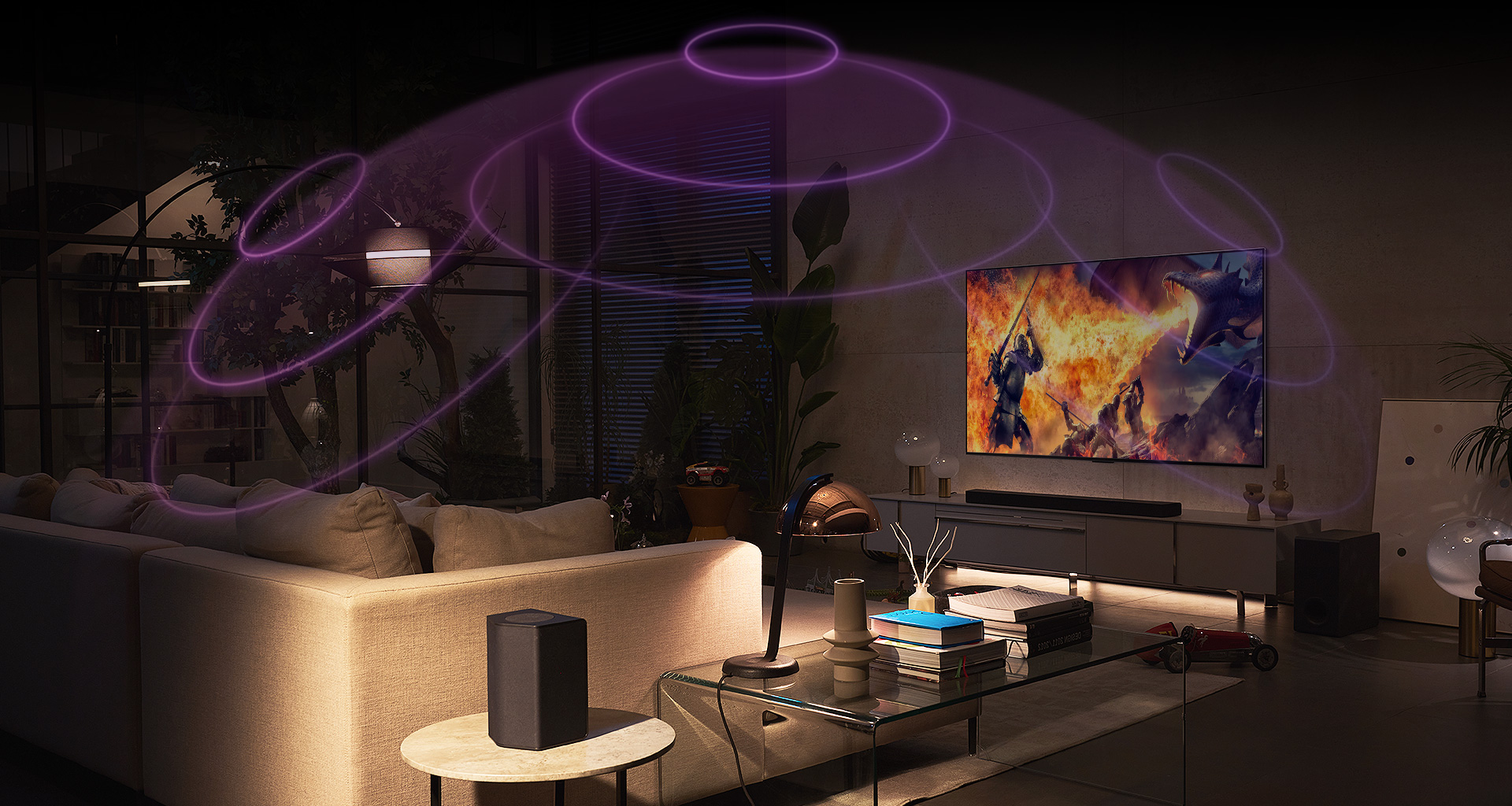 Un téléviseur LG OLED se trouve dans un salon confortable pendant la nuit. Au fur et à mesure que le film progresse, des bulles représentant l’environnement apparaissent.