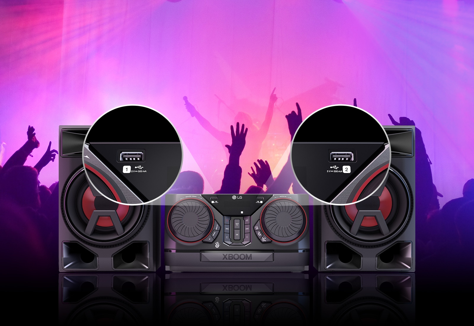 Vista frontal del LG XBOOM CK43N. Los dos puertos USB se muestran ampliados. Detrás del producto se ven las siluetas de los asistentes a la fiesta.