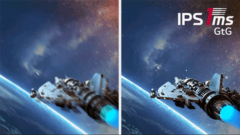 Muestra dos animaciones comparadas que un avión de combate. Las dos animaciones parecen iguales, pero la primera, no aplicada 1ms(GtG) es menos clara que otra