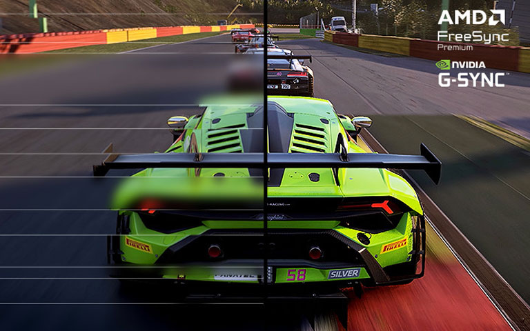 Image of a green car racing on a track. 