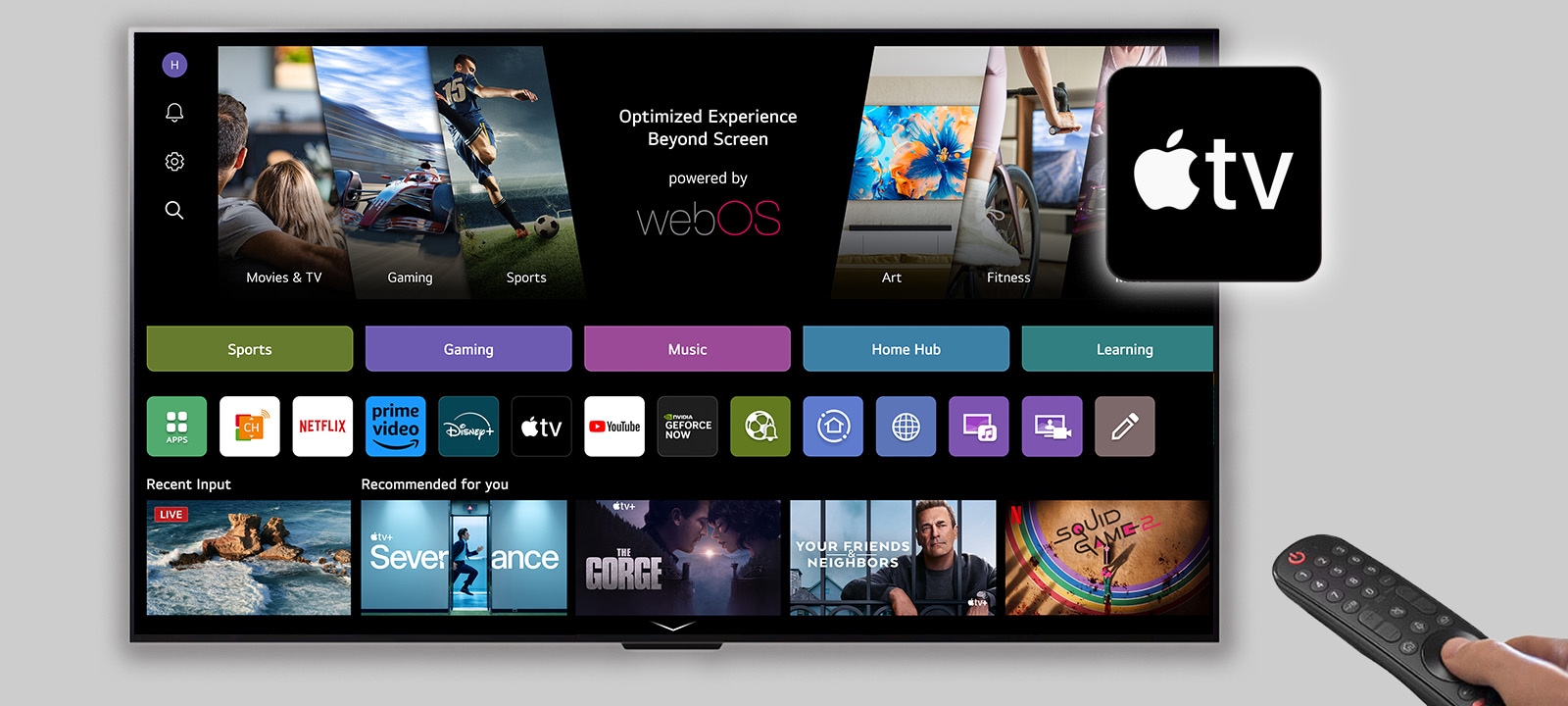 La pantalla de inicio de LG webOS muestra un recuadro negro que dice “Apple (logotipo)&nbsp;TV”