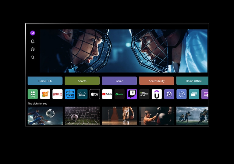 En la pantalla de un LG TV se muestra My Profile. En el tercio superior, se ve un anuncio de Tangible Wonders. Debajo se muestran los siguientes botones: Home Hub, Sports, Juegos, Accessibility, Home Office. Debajo de los botones, se muestran los siguientes logotipos: LG Channels, Netflix, Prime Video, Disney+, Apple TV, YouTube, Spotify, Twitch, GeForce Now y Udemy. Debajo de los logotipos, hay 5 miniaturas de películas debajo del texto “Elegidos para ti”.   Un cursor hace clic en la inicial “S” en la esquina superior izquierda. Se abre un menú desplegable de la cuenta de LG y se muestran cinco nombres. El cursor hace clic en el segundo nombre mientras que las miniaturas y el contenido recomendado en pantalla cambian.