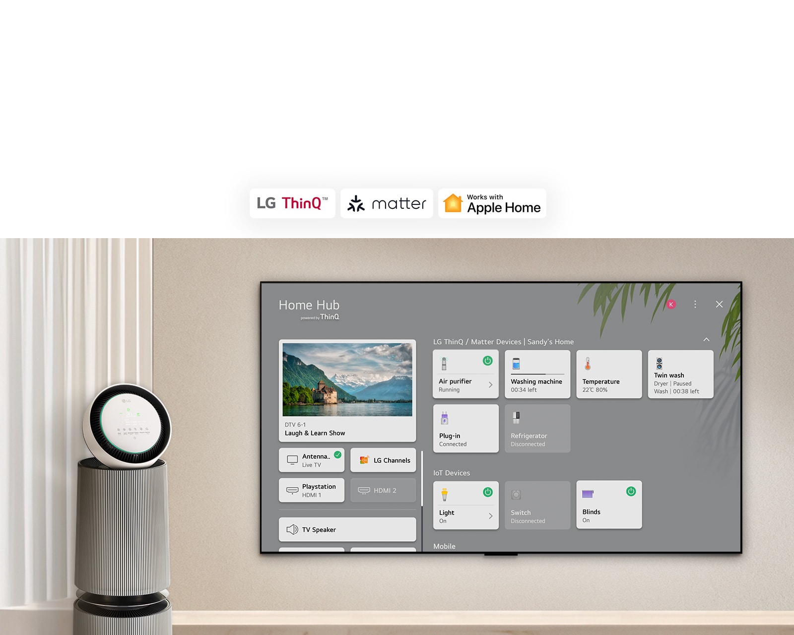 Un logo de LG ThinQ™, Matter y Apple Home.   Un LG TV colocado en una pared y un LG Puricare™ Objet Collection 360° a la izquierda. La TV muestra Home Hub, un cursor hace clic en “Purificador de aire” y se activa LG Puricare™ Objet Collection 360°. 