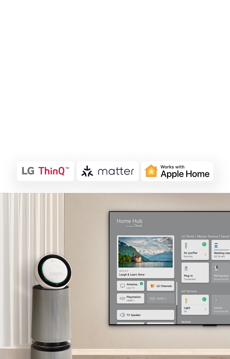 Un logo de LG ThinQ™, Matter y Apple Home.   Un LG TV colocado en una pared y un LG Puricare™ Objet Collection 360° a la izquierda. La TV muestra Home Hub, un cursor hace clic en “Purificador de aire” y se activa LG Puricare™ Objet Collection 360°. 