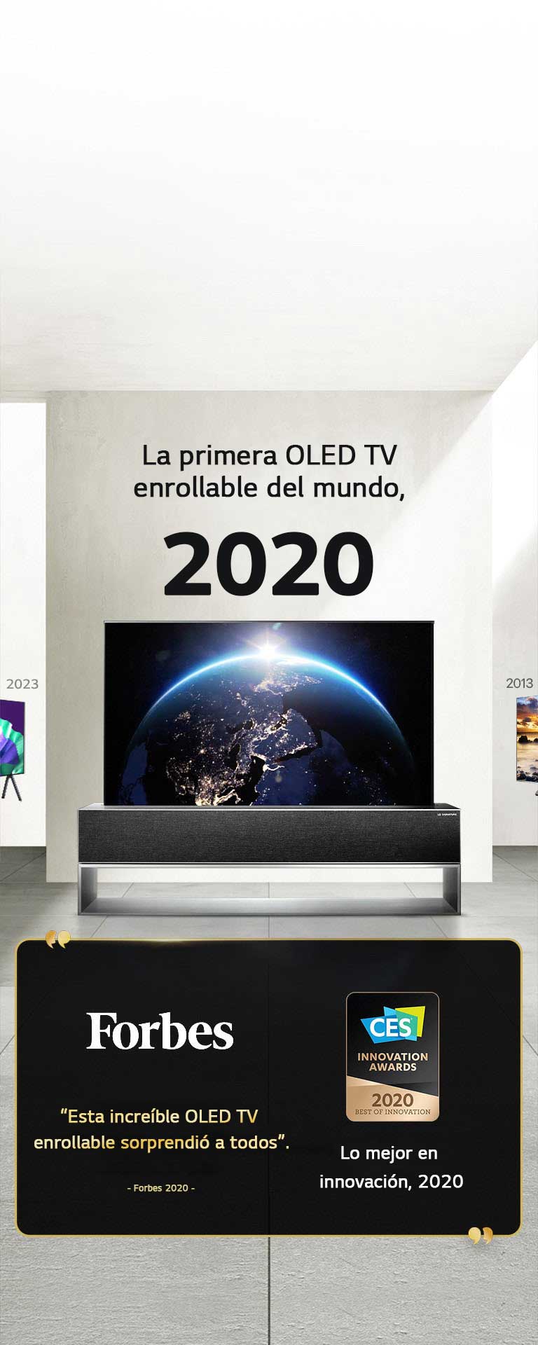 LG TV. El título dice: La primera OLED TV enrollable del mundo, 2020. Junto a él, las menciones de los premios. Forbes, esta increíble OLED TV enrollable sorprendió a todos. Premio a lo mejor en innovación 2020, premios CES Innovation Awards.