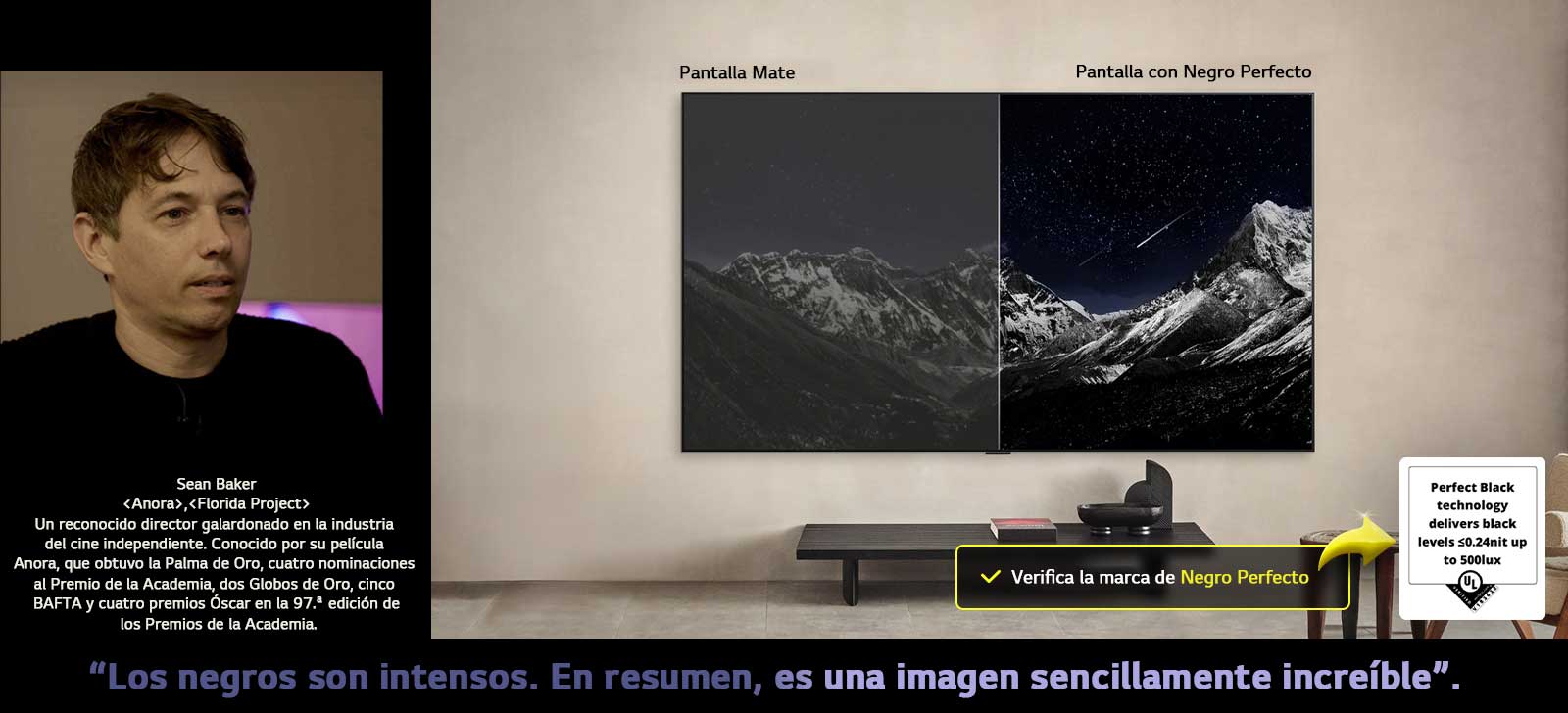 Wall-mounted LG OLED TV. En la pantalla se muestra una cadena montañosa bajo un cielo nocturno lleno de estrellas. La pantalla está dividida por la mitad. En un extremo, etiquetado como “Pantalla sin Negro Perfecto”, los colores se ven apagados y grisáceos, y las estrellas apenas son visibles. En el otro extremo, etiquetado como “Pantalla con Negro Perfecto”, los negros son profundos y oscuros, las estrellas brillan con intensidad y el resultado es una imagen con alto contraste y gran impacto visual.