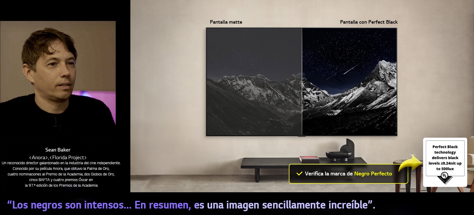 Wall-mounted LG OLED TV. En la pantalla se muestra una cadena montañosa bajo un cielo nocturno lleno de estrellas. La pantalla está dividida por la mitad. En un extremo, etiquetado como “Pantalla sin Negro Perfecto”, los colores se ven apagados y grisáceos, y las estrellas apenas son visibles. En el otro extremo, etiquetado como “Pantalla con Negro Perfecto”, los negros son profundos y oscuros, las estrellas brillan con intensidad y el resultado es una imagen con alto contraste y gran impacto visual.