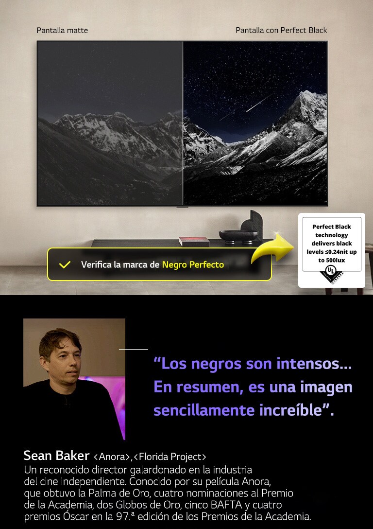 Wall-mounted LG OLED TV. En la pantalla se muestra una cadena montañosa bajo un cielo nocturno lleno de estrellas. La pantalla está dividida por la mitad. En un extremo, etiquetado como “Pantalla sin Negro Perfecto”, los colores se ven apagados y grisáceos, y las estrellas apenas son visibles. En el otro extremo, etiquetado como “Pantalla con Negro Perfecto”, los negros son profundos y oscuros, las estrellas brillan con intensidad y el resultado es una imagen con alto contraste y gran impacto visual.