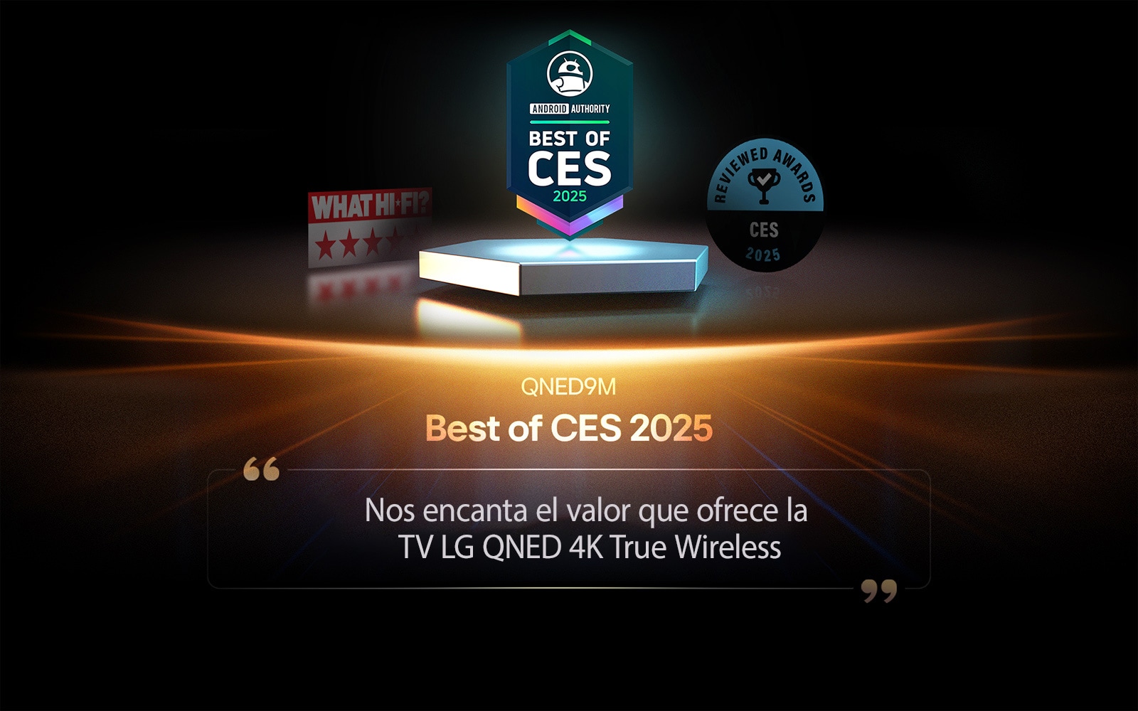 Premio otorgado al QNED9M por Android Authority. Mejor del CES 2025. Un extracto de su reseña dice: “nos encanta el valor que ofrece el TV QNED 4K True Wireless de LG”.