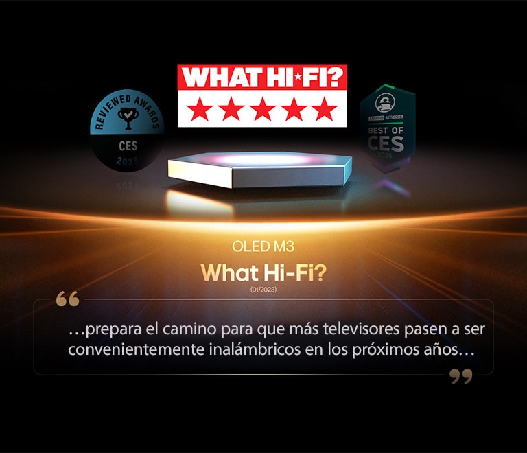 Premio otorgado al OLED M3 por What Hi-Fi. Un extracto de su reseña dice: prepara el camino para que más televisores pasen a ser convenientemente inalámbricos en los próximos años.