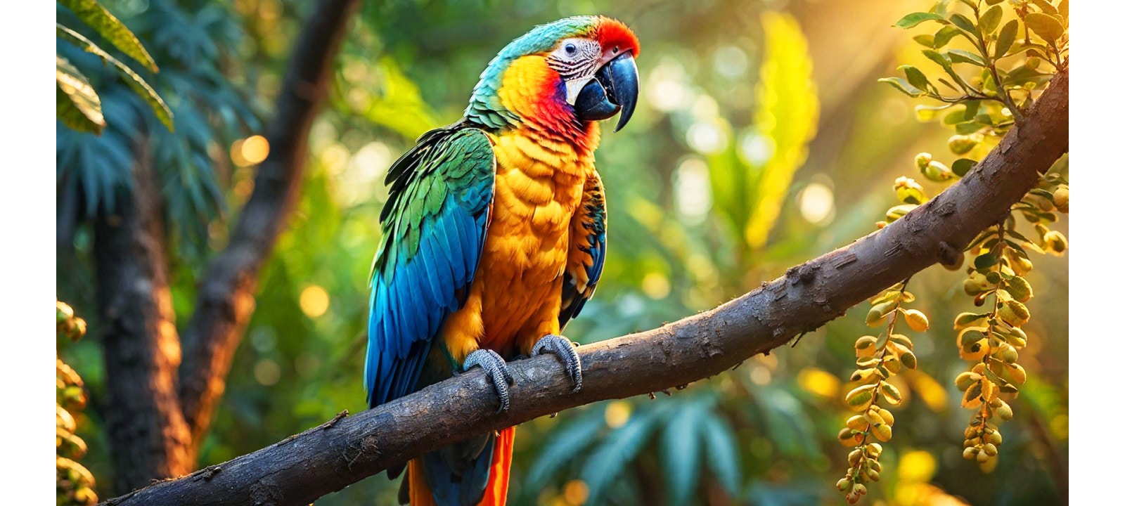 Las líneas cobran vida en una imagen muy opaca y casi gris de un loro en un bosque, como si una supercomputadora estuviera analizando los elementos del cuadro. Un láser traza la silueta del loro y luego esta se mejora para que sea más brillante, nítida y colorida. El fondo también se transforma de izquierda a derecha, ahora con contraste, profundidad y colores mejorados.