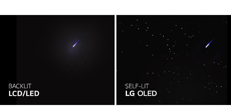 " Simulación lado a lado de LED / LCD y LG OLED que muestra un cielo nocturno lleno de estrellas para comparar la reproducibilidad perfecta en negro"