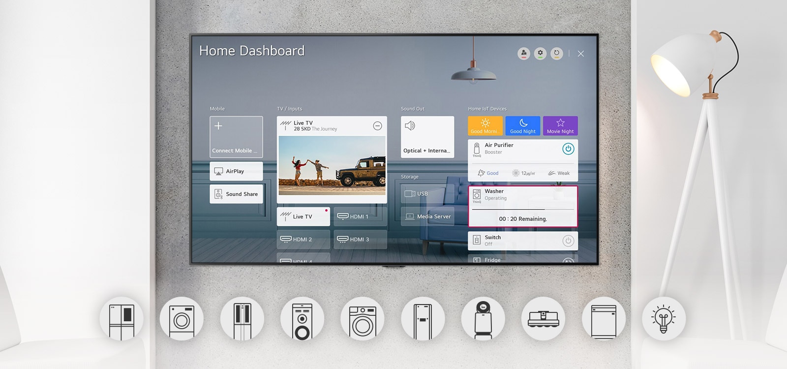 TV montado en la pared que muestra logotipos gráficos de Panel de inicio y de electrodomésticos debajo