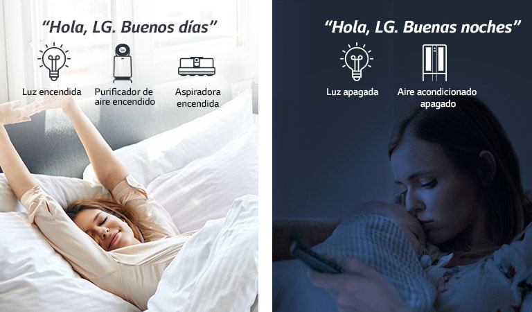 Una mujer en la cama que se despierta por la mañana (izquierda) y con un bebé por la noche (derecha)